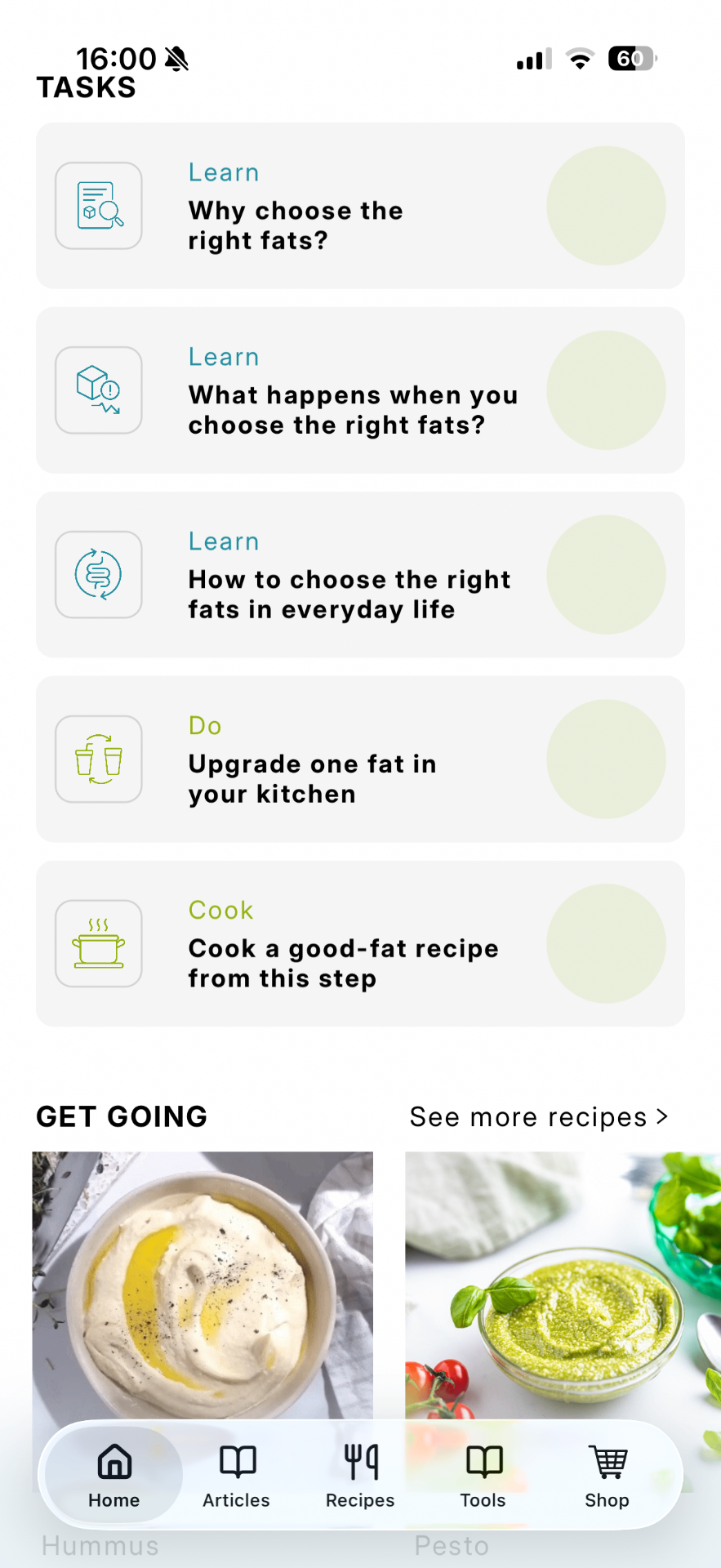 gutWise app screen showing a step with daily tasks