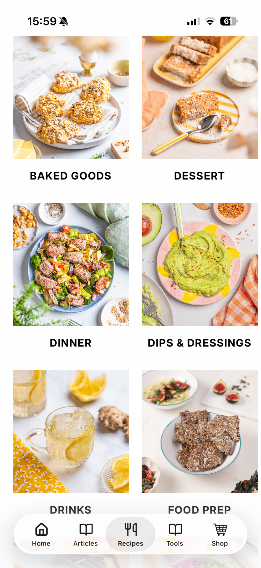 gutWise app screen showing recipe categories
