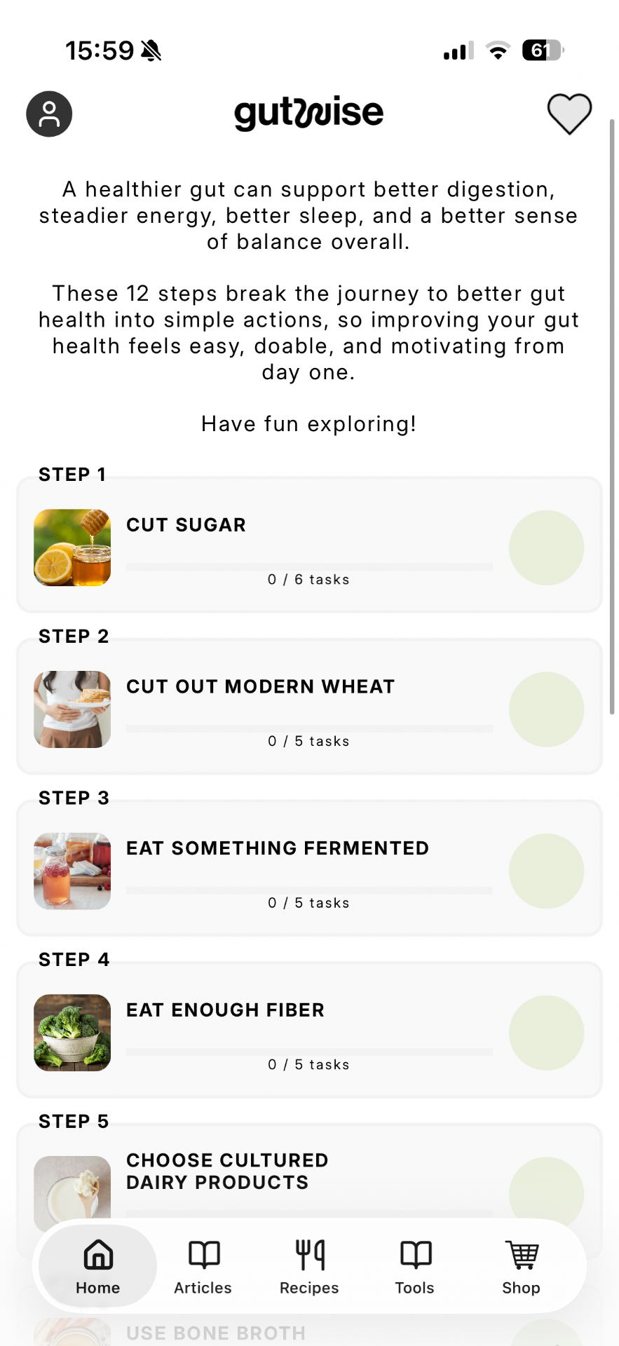 gutWise app screen showing the 12-step journey