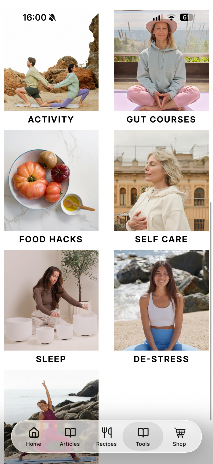 gutWise app screen showing tools for sleep, activity and de-stress